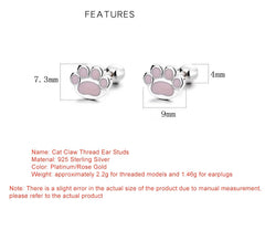 Sterling Silver Pink Cat's Paw Piercing Screw Thread Bead Stud Earrings for Women Cute Animal Fine Jewelry - PeticaDeals