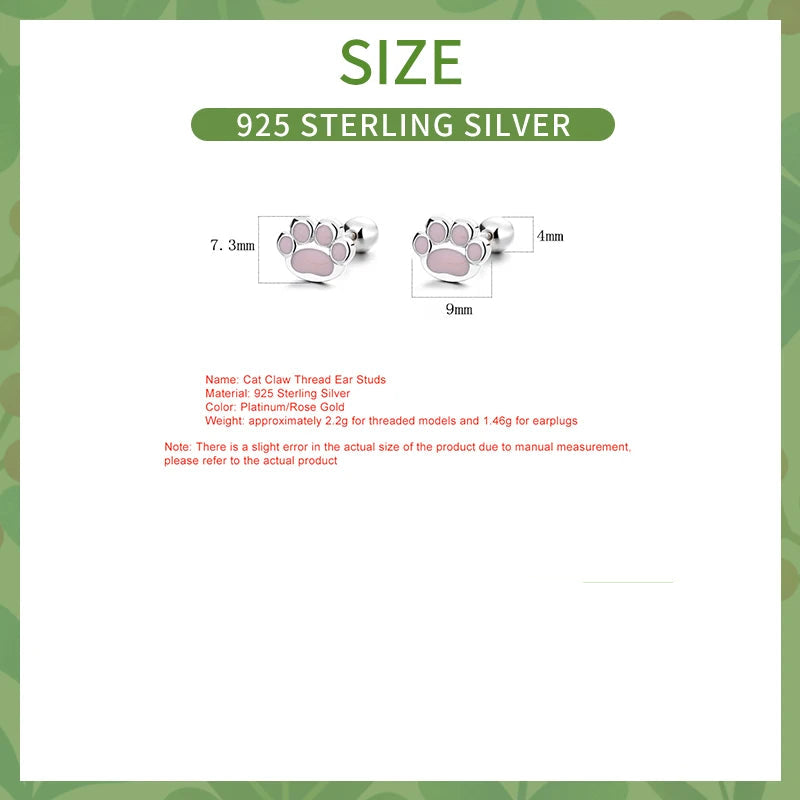 Sterling Silver Pink Cat's Paw Piercing Screw Thread Bead Stud Earrings for Women Cute Animal Fine Jewelry - PeticaDeals