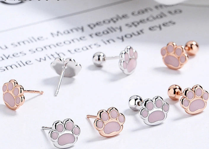 Sterling Silver Pink Cat's Paw Piercing Screw Thread Bead Stud Earrings for Women Cute Animal Fine Jewelry - PeticaDeals