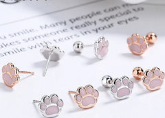 Sterling Silver Pink Cat's Paw Piercing Screw Thread Bead Stud Earrings for Women Cute Animal Fine Jewelry - PeticaDeals