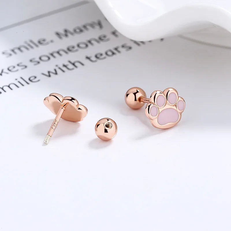 Sterling Silver Pink Cat's Paw Piercing Screw Thread Bead Stud Earrings for Women Cute Animal Fine Jewelry - PeticaDeals