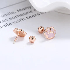 Sterling Silver Pink Cat's Paw Piercing Screw Thread Bead Stud Earrings for Women Cute Animal Fine Jewelry - PeticaDeals