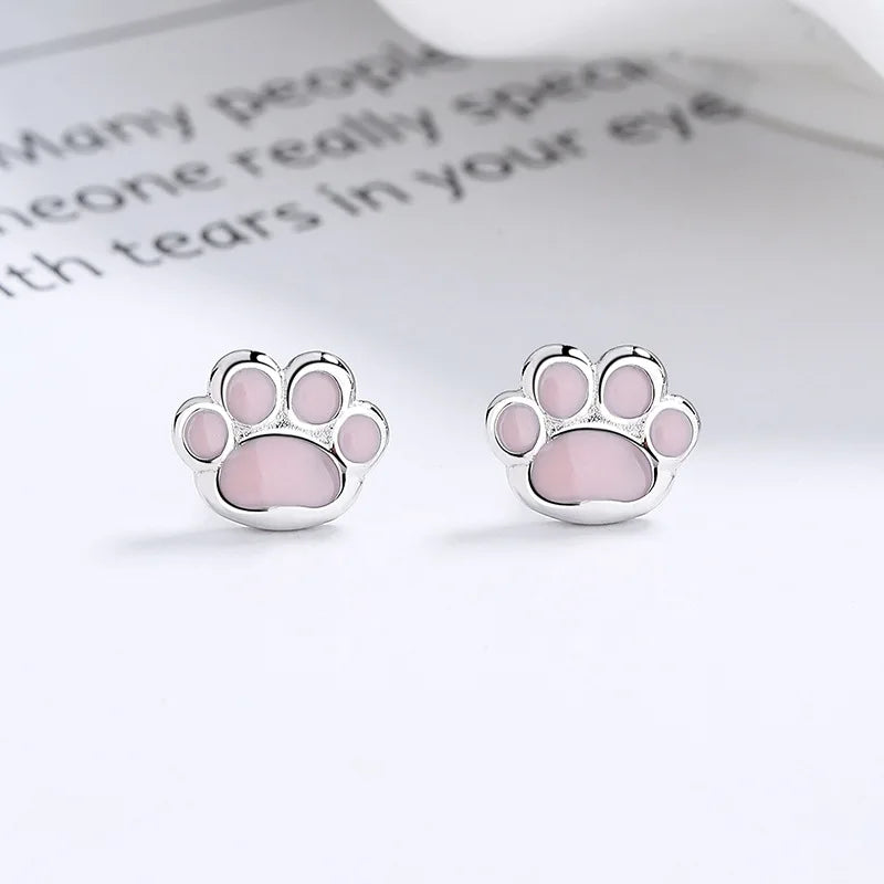 Sterling Silver Pink Cat's Paw Piercing Screw Thread Bead Stud Earrings for Women Cute Animal Fine Jewelry - PeticaDeals