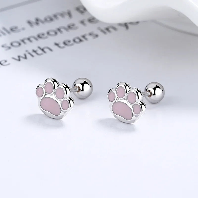 Sterling Silver Pink Cat's Paw Piercing Screw Thread Bead Stud Earrings for Women Cute Animal Fine Jewelry - PeticaDeals