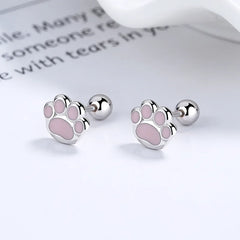 Sterling Silver Pink Cat's Paw Piercing Screw Thread Bead Stud Earrings for Women Cute Animal Fine Jewelry - PeticaDeals