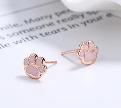 Sterling Silver Pink Cat's Paw Piercing Screw Thread Bead Stud Earrings for Women Cute Animal Fine Jewelry - PeticaDeals