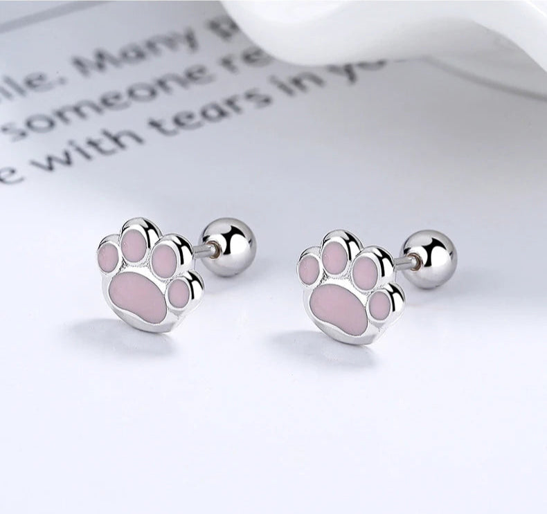 Sterling Silver Pink Cat's Paw Piercing Screw Thread Bead Stud Earrings for Women Cute Animal Fine Jewelry - PeticaDeals