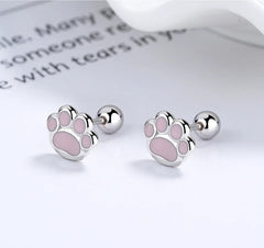 Sterling Silver Pink Cat's Paw Piercing Screw Thread Bead Stud Earrings for Women Cute Animal Fine Jewelry - PeticaDeals
