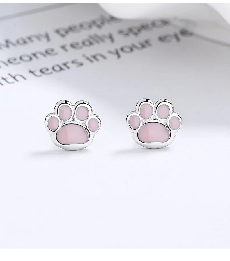 Sterling Silver Pink Cat's Paw Piercing Screw Thread Bead Stud Earrings for Women Cute Animal Fine Jewelry - PeticaDeals