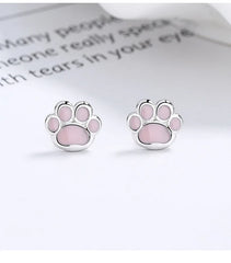 Sterling Silver Pink Cat's Paw Piercing Screw Thread Bead Stud Earrings for Women Cute Animal Fine Jewelry - PeticaDeals