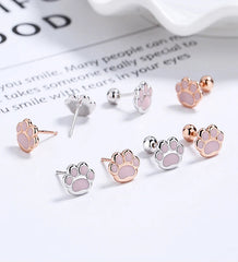 Sterling Silver Pink Cat's Paw Piercing Screw Thread Bead Stud Earrings for Women Cute Animal Fine Jewelry - PeticaDeals