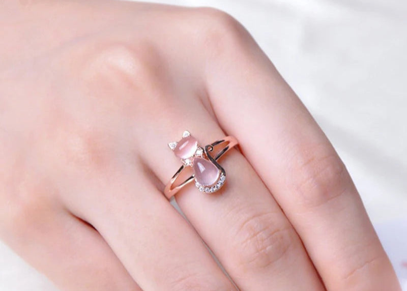 Sterling Silver Pink Crystal Cat Rings For Women Fashion Jewelry - PeticaDeals