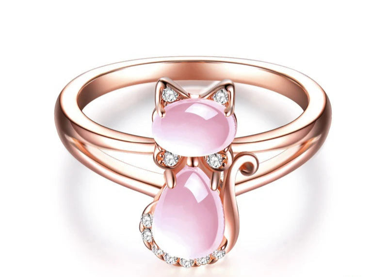Sterling Silver Pink Crystal Cat Rings For Women Fashion Jewelry - PeticaDeals
