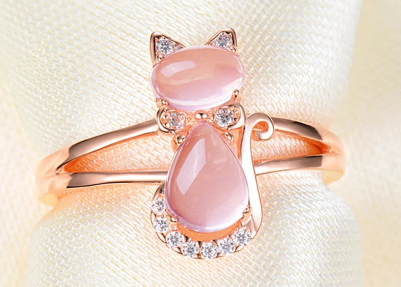 Sterling Silver Pink Crystal Cat Rings For Women Fashion Jewelry - PeticaDeals