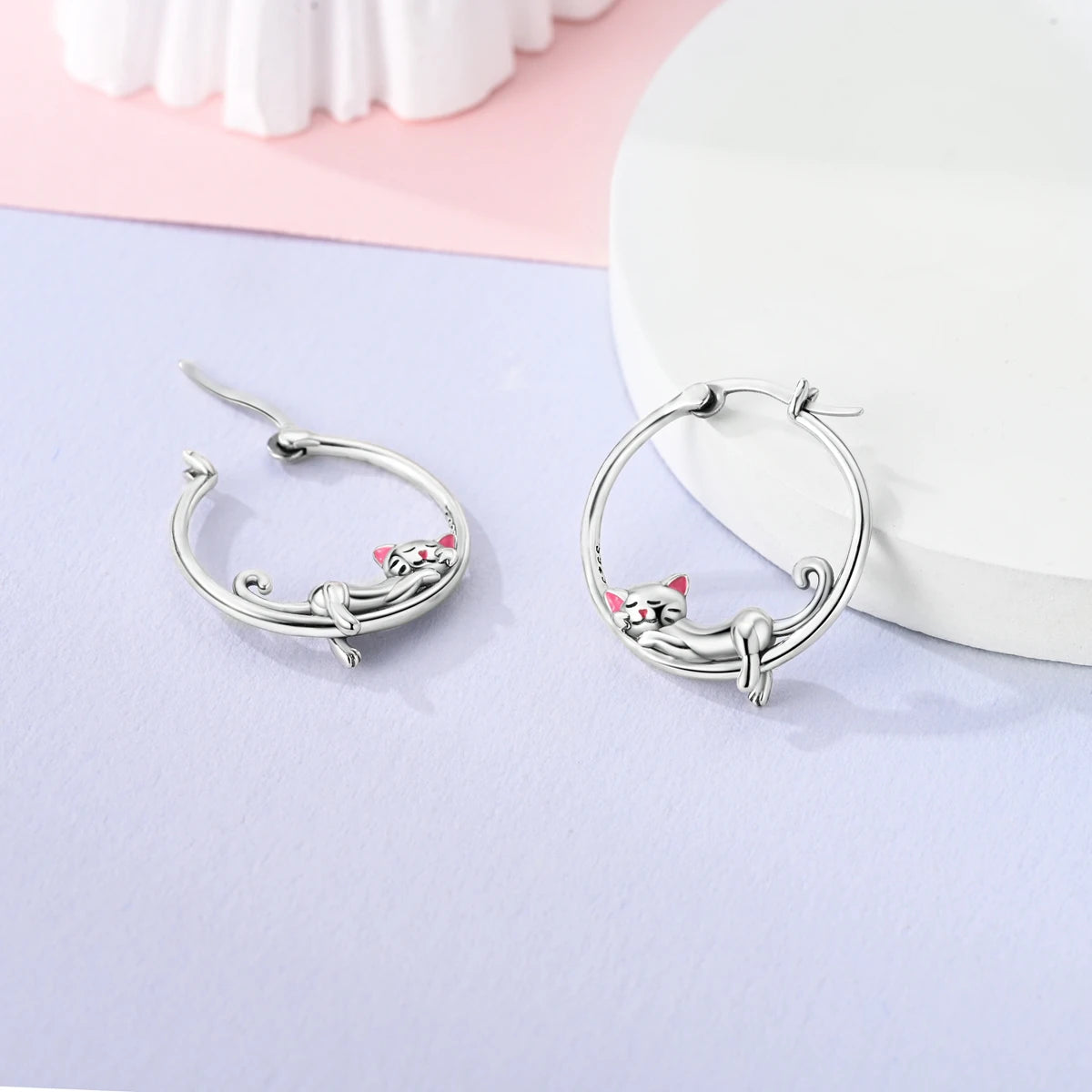 Sterling Silver Pink Ears Small Lazy Big Circle Cat Earrings Women's - PeticaDeals