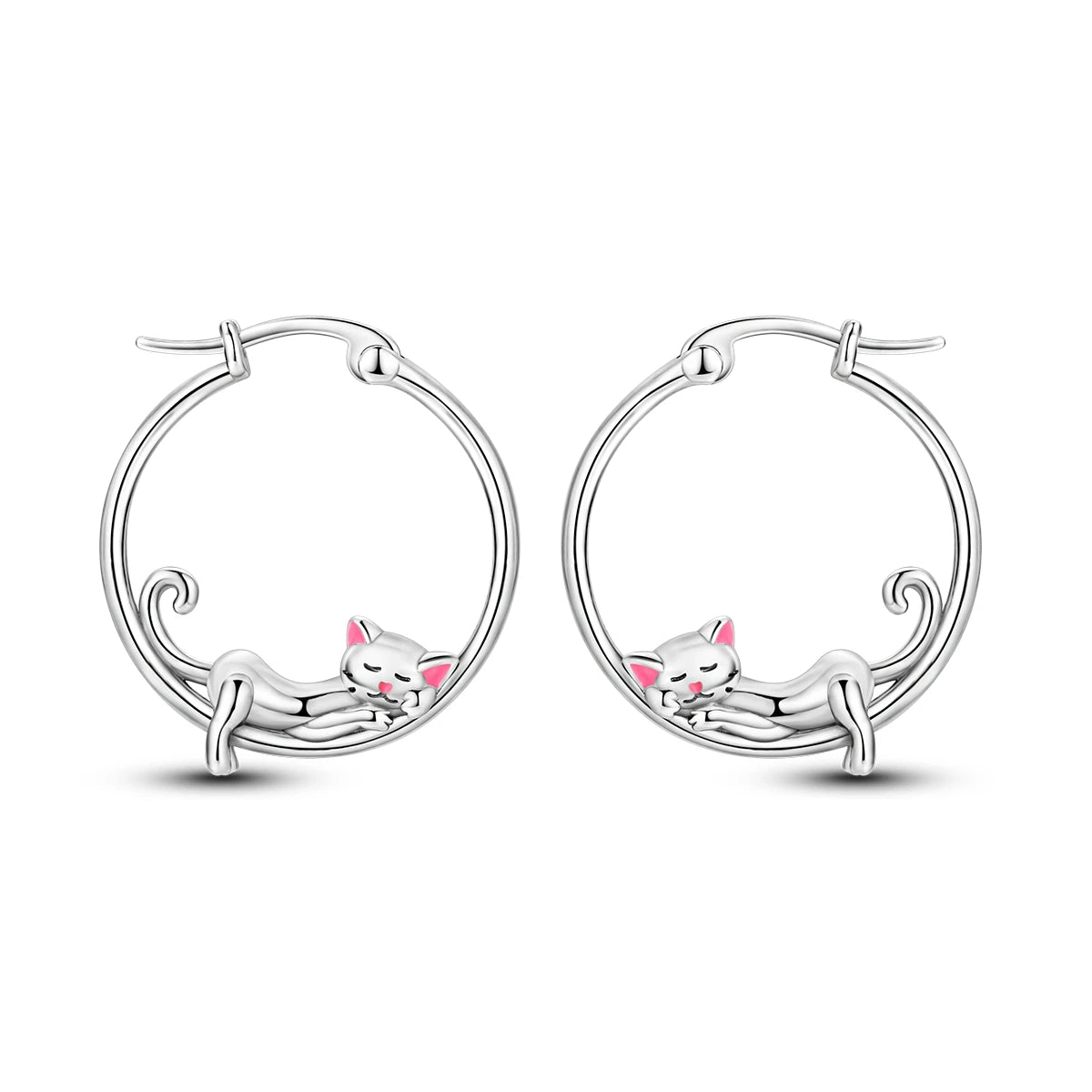 Sterling Silver Pink Ears Small Lazy Big Circle Cat Earrings Women's - PeticaDeals