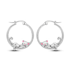 Sterling Silver Pink Ears Small Lazy Big Circle Cat Earrings Women's - PeticaDeals