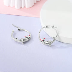 Sterling Silver Pink Ears Small Lazy Big Circle Cat Earrings Women's - PeticaDeals