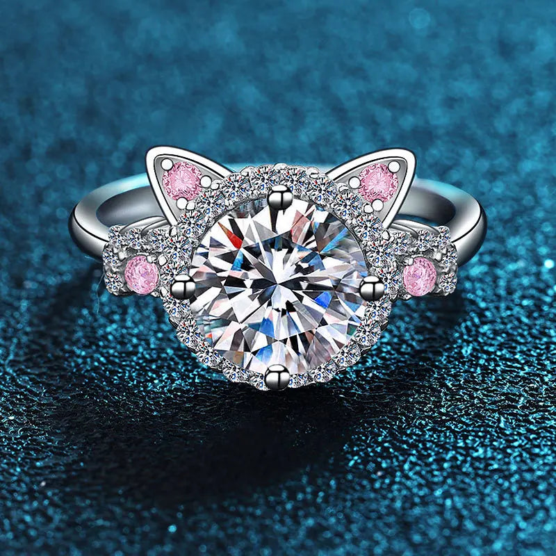 Sterling Silver Ring Inlaid Zircon Cute Catti Shape Adjustable Ring for Female - PeticaDeals