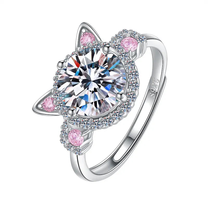 Sterling Silver Ring Inlaid Zircon Cute Catti Shape Adjustable Ring for Female - PeticaDeals