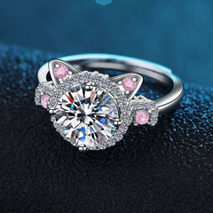 Sterling Silver Ring Inlaid Zircon Cute Catti Shape Adjustable Ring for Female - PeticaDeals
