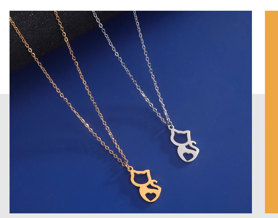 Tiny Love Cat Necklace Stainless Steel Jewelry Cute Heart Women's Chain - PeticaDeals