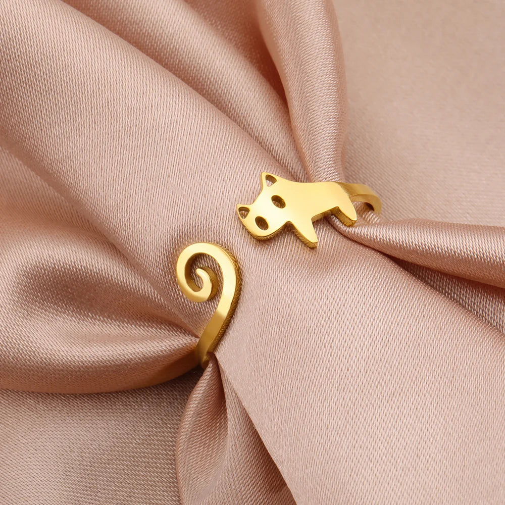 Trendy Cat Kitten Adjustable Rings Stainless Steel Animals Finger Rings for Women Jewelry - PeticaDeals