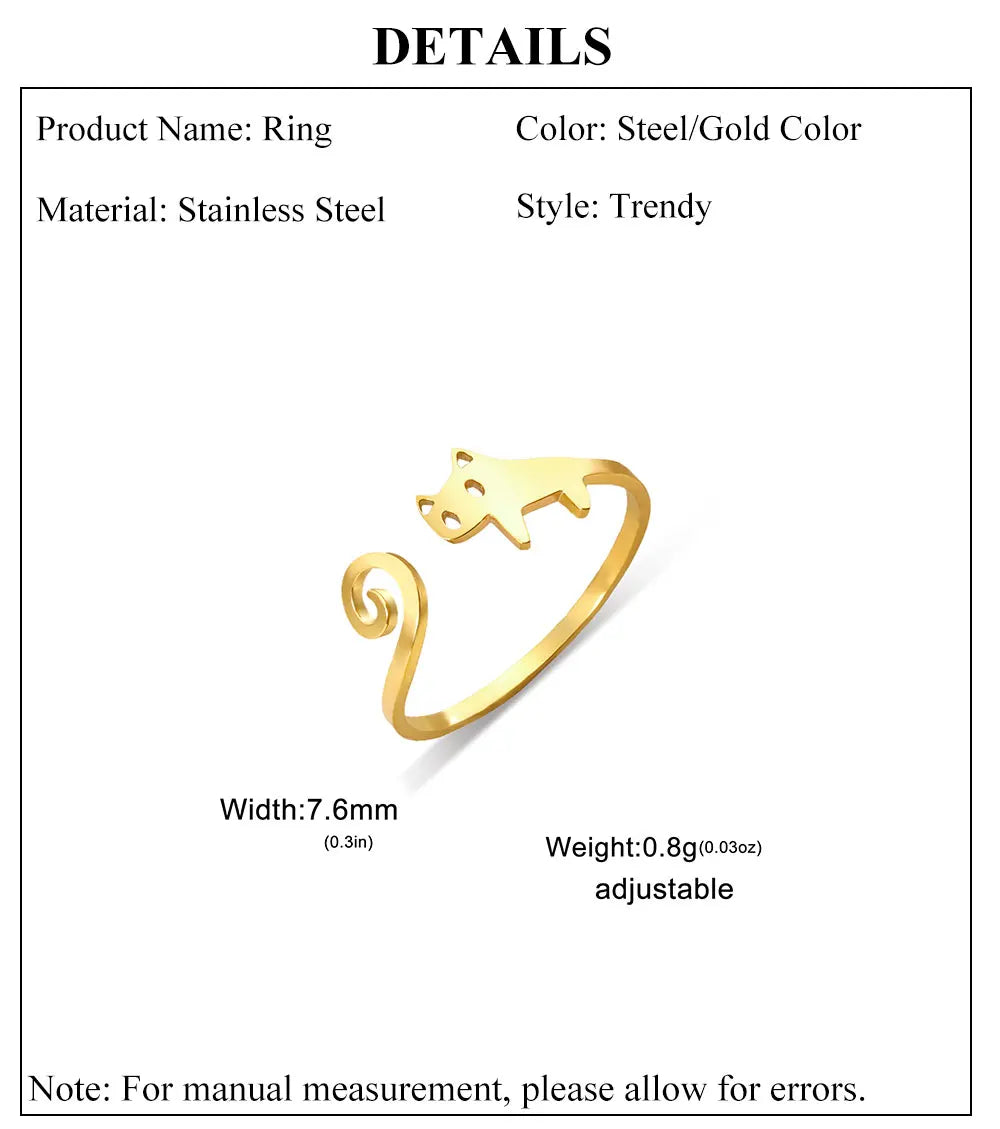 Trendy Cat Kitten Adjustable Rings Stainless Steel Animals Finger Rings for Women Jewelry - PeticaDeals