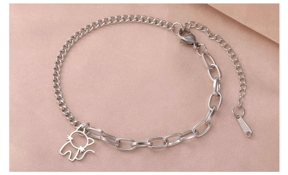 Trendy Cat Kitten Charm Bracelet for Women Stainless Steel Asymmetric Chain Bracelets - PeticaDeals
