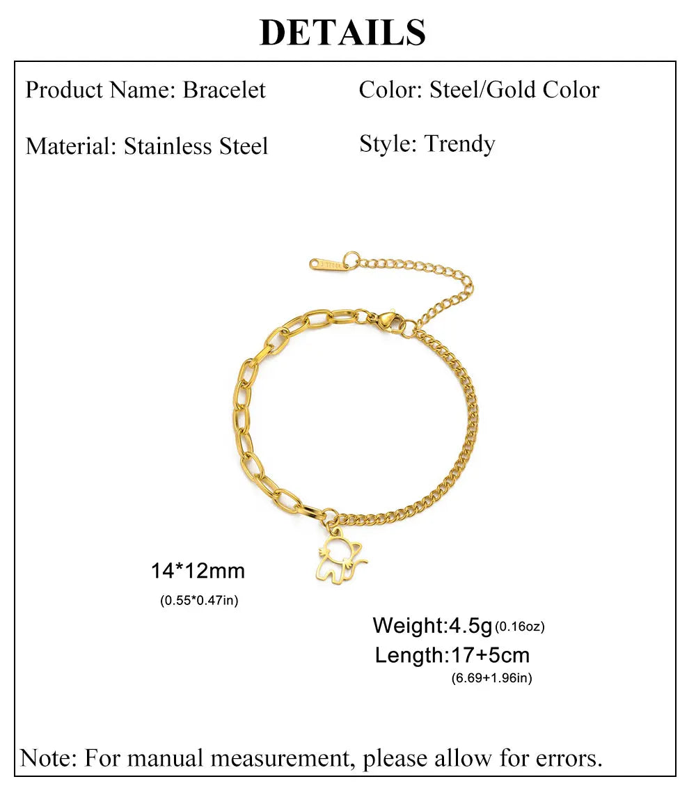 Trendy Cat Kitten Charm Bracelet for Women Stainless Steel Asymmetric Chain Bracelets - PeticaDeals