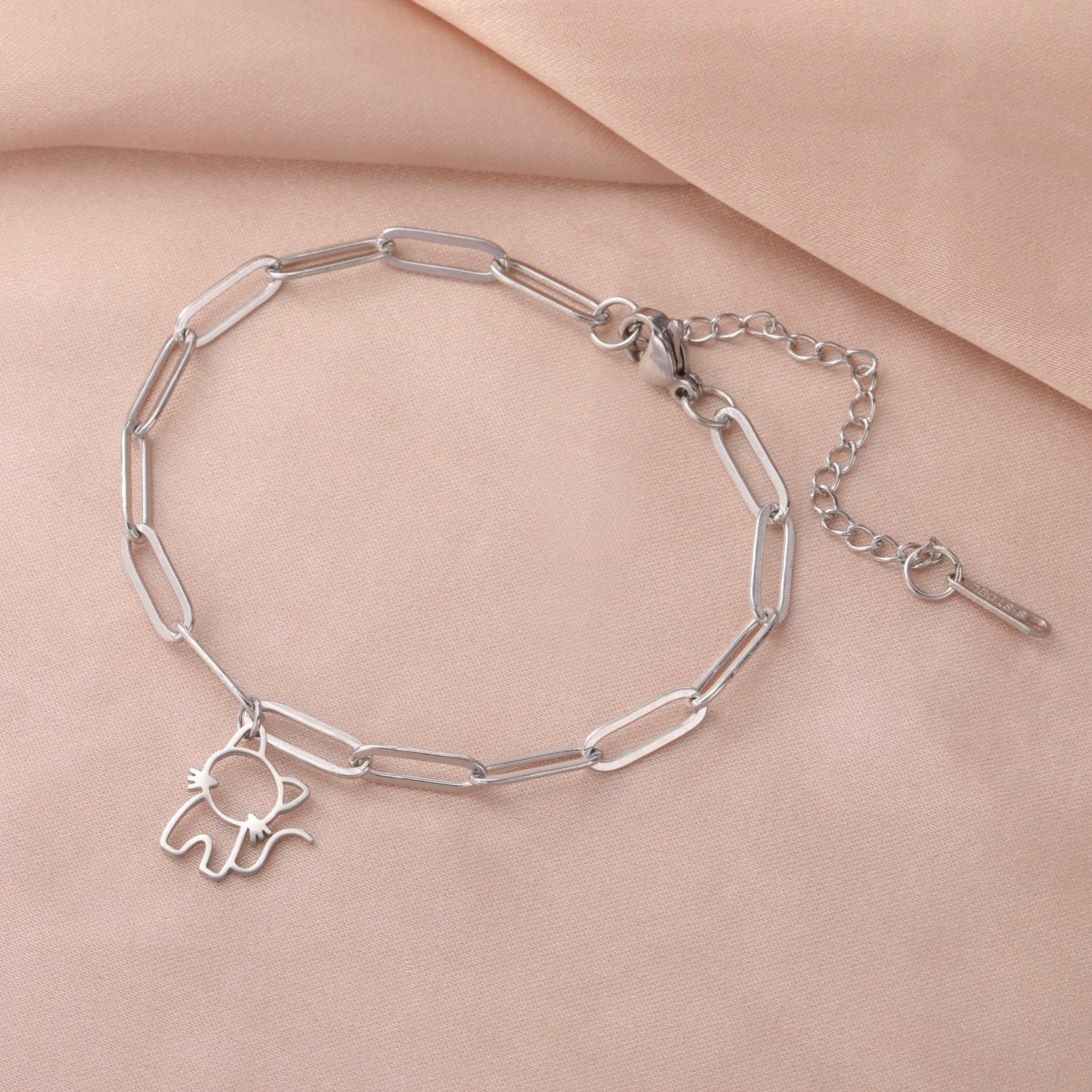 Trendy Cat Kitten Charm Bracelet for Women Stainless Steel Asymmetric Chain Bracelets - PeticaDeals