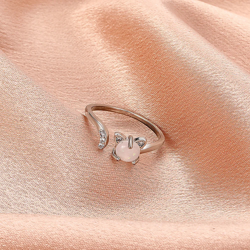 Trendy Cat Rhinestone Rings for Women Fashion Simple Neko Colorful Stone Adjustable - PeticaDeals