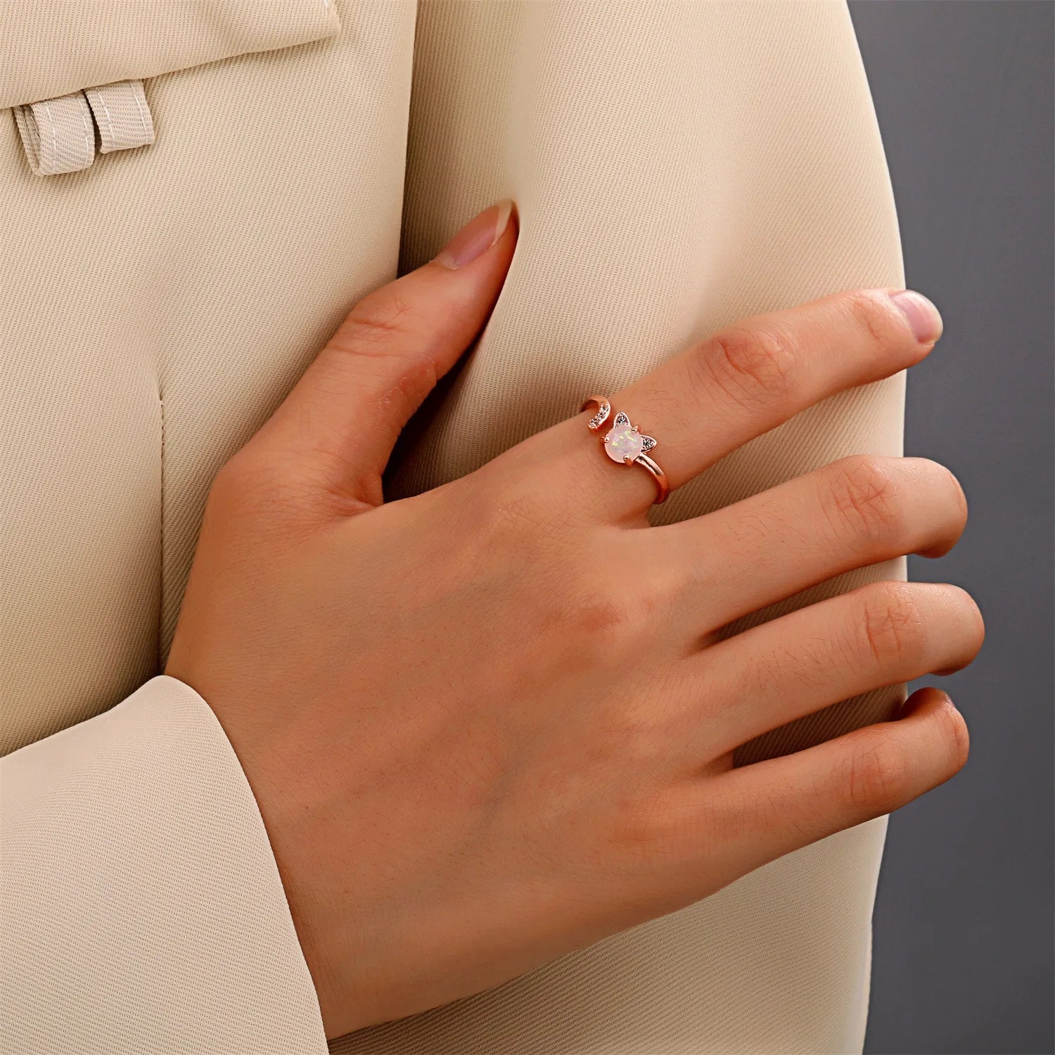 Trendy Cat Rhinestone Rings for Women Fashion Simple Neko Colorful Stone Adjustable - PeticaDeals