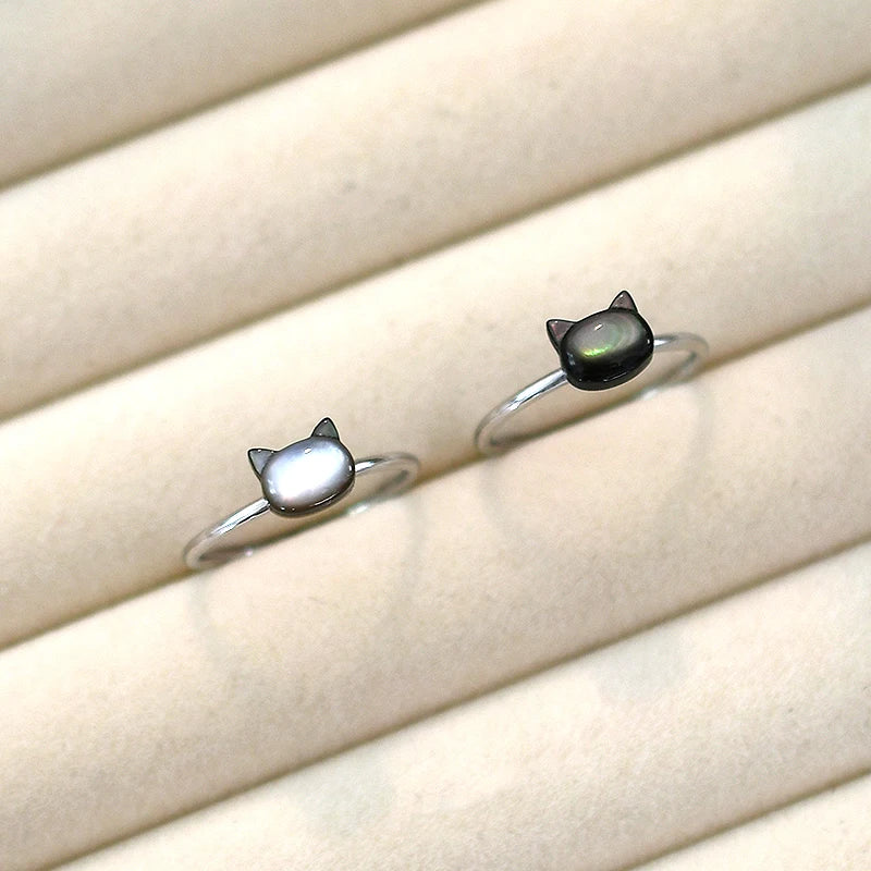 Trendy Natural Shell Black Cat Sterling Silver Ring for Girls Adjustable Jewelry - PeticaDeals