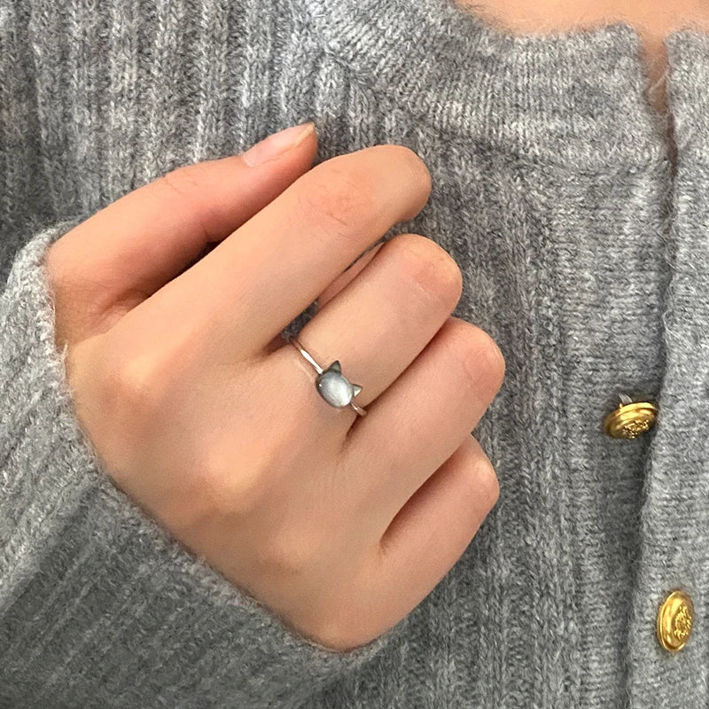 Trendy Natural Shell Black Cat Sterling Silver Ring for Girls Adjustable Jewelry - PeticaDeals
