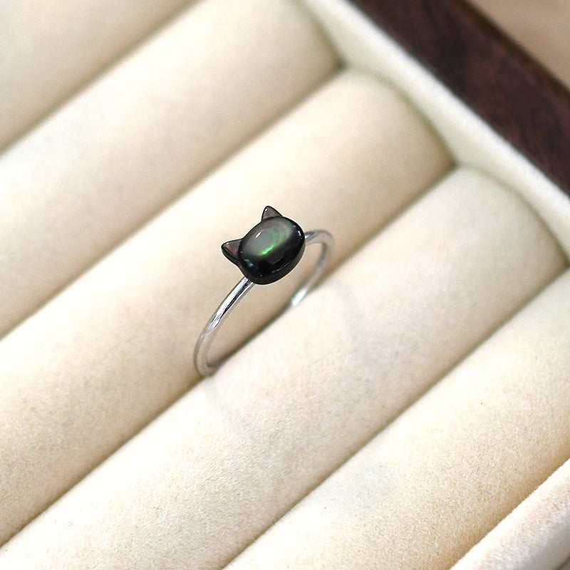 Trendy Natural Shell Black Cat Sterling Silver Ring for Girls Adjustable Jewelry - PeticaDeals
