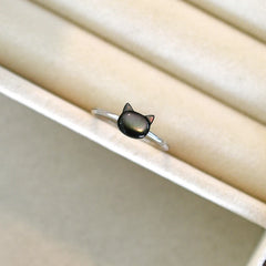 Trendy Natural Shell Black Cat Sterling Silver Ring for Girls Adjustable Jewelry - PeticaDeals