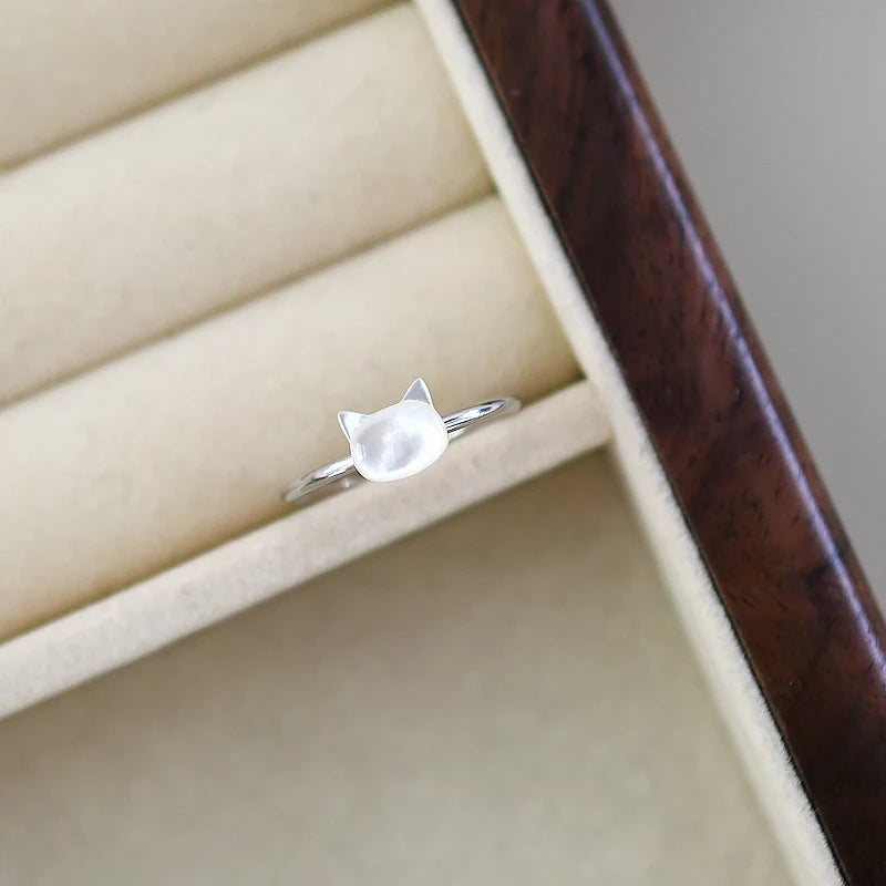 Trendy Natural Shell Black Cat Sterling Silver Ring for Girls Adjustable Jewelry - PeticaDeals