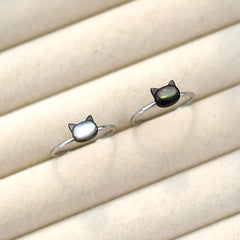 Trendy Natural Shell Black Cat Sterling Silver Ring for Girls Adjustable Jewelry - PeticaDeals