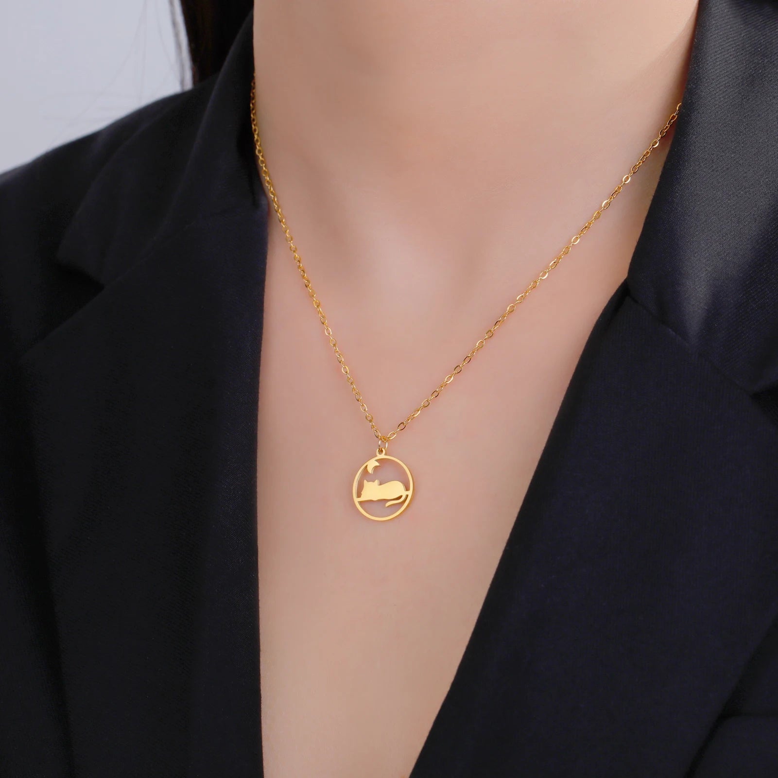 Walking Cat Kitten Necklace for Women Stainless Steel Pendant Necklaces - PeticaDeals