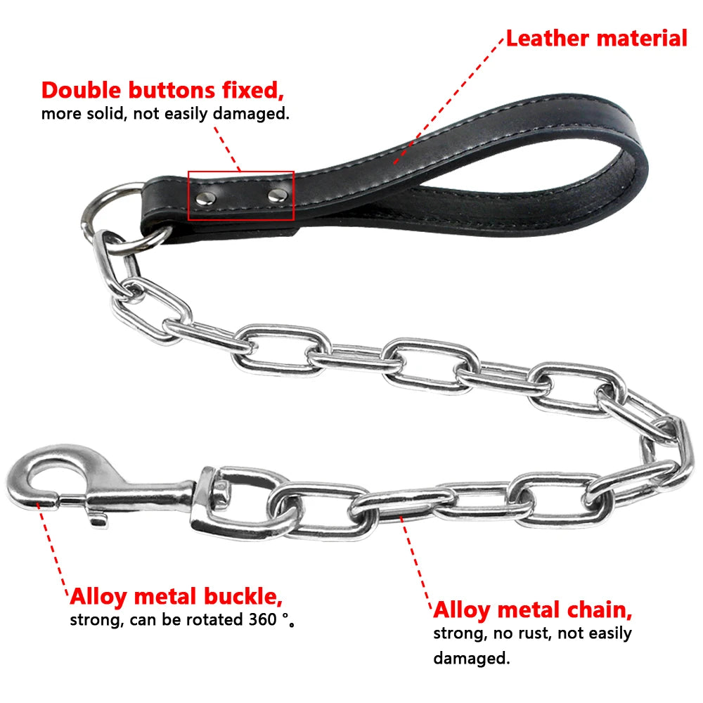 Walking Lead Rope Harness Leashes With Leather Handle Durable Dog Chain Leash Small Large Dogs - PeticaDeals