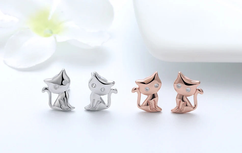 Women's Stud Earrings Cat Shape 925 Sterling Silver Romantic 11 MM Cat Earring - PeticaDeals