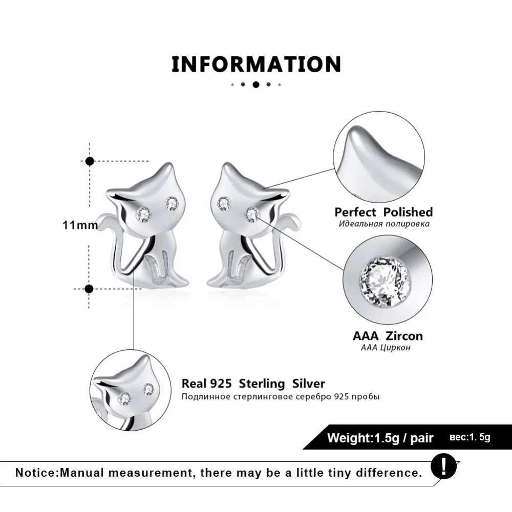 Women's Stud Earrings Cat Shape 925 Sterling Silver Romantic 11 MM Cat Earring - PeticaDeals