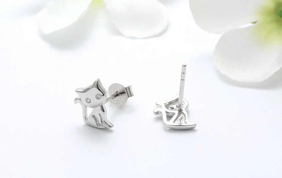 Women's Stud Earrings Cat Shape 925 Sterling Silver Romantic 11 MM Cat Earring - PeticaDeals