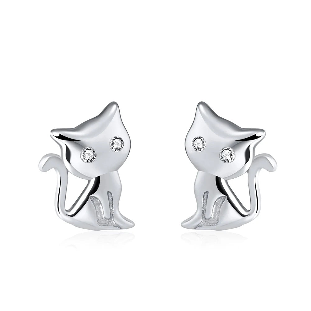 Women's Stud Earrings Cat Shape 925 Sterling Silver Romantic 11 MM Cat Earring - PeticaDeals